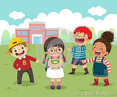 Cartoon of a sad little girl being bullied by her schoolmates in schoolyard Vector Illustration