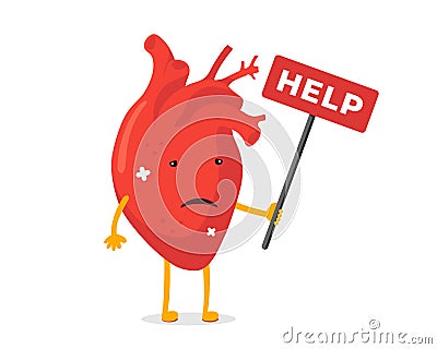 Cartoon sad suffering sick human heart character. Unhealthy damage circulatory cardiology organ mascot with help sign Vector Illustration