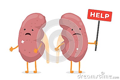 Cartoon sad suffering sick kidney characters. Unhealthy damage genitourinary system human internal organ mascot with Vector Illustration