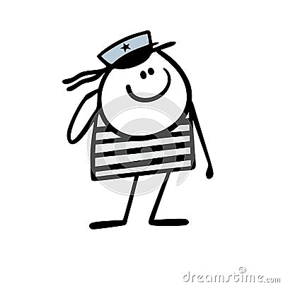 Cartoon sailor in striped vest and cap with ribbons salutes the commander. Vector illustration of boy in navy suit at carnival Vector Illustration