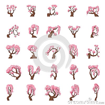 25 Cartoon sakura trees set Vector Illustration