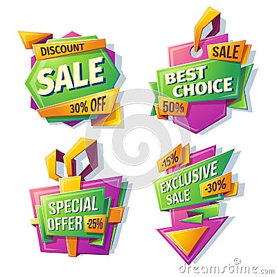 Cartoon sale banners, badges, stickers, tags Stock Photo