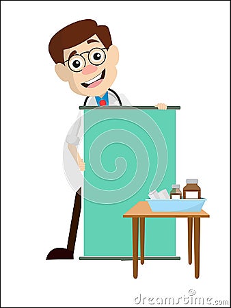 Cartoon Salesman Pathologist Doctor with Ad Banner Vector Vector Illustration