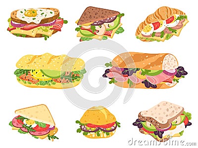 Cartoon sandwich. Delicious panini with vegetables, salmon and meat. Crispy toast, croissant and bun sandwiches vector Vector Illustration