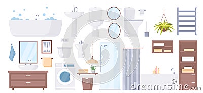 Cartoon sanitary hygiene furnishings of washroom restroom collection with bathtub shower cabin sink toilet mirror faucet Cartoon Illustration