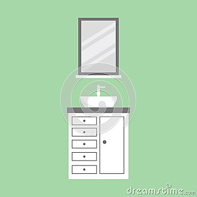 Cartoon sanitary hygiene furnishings of washroom restroom with sink toilet mirror faucet washing machine isolated on light green Vector Illustration