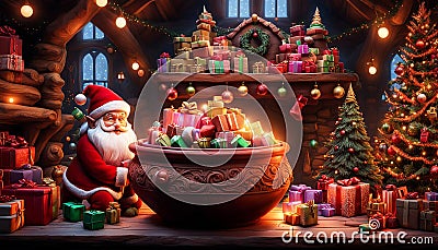 cartoon santa claus with gifts santa clause elf with a clay pot full of presents and a christmas tree Stock Photo