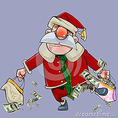 Cartoon Santa Claus with bags full of dollars Vector Illustration