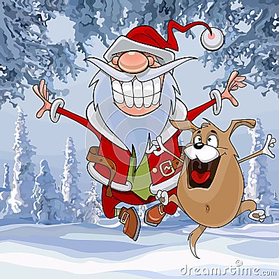 Cartoon Santa Claus happily bounces along with a dog in winter forest Vector Illustration