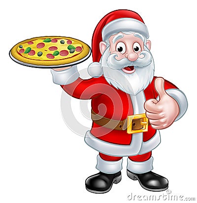 Cartoon Santa Claus Holding Pizza Vector Illustration