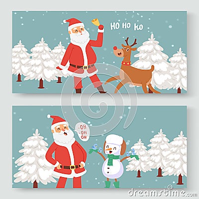 Cartoon Santa Claus, indeer and snowman for Christmas and New Year greeting vector illustration. Happy Santa Claus Vector Illustration