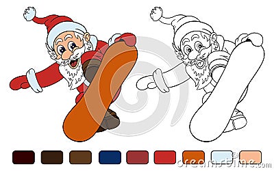 Cartoon Santa Claus makes jump on snowboard Vector Illustration