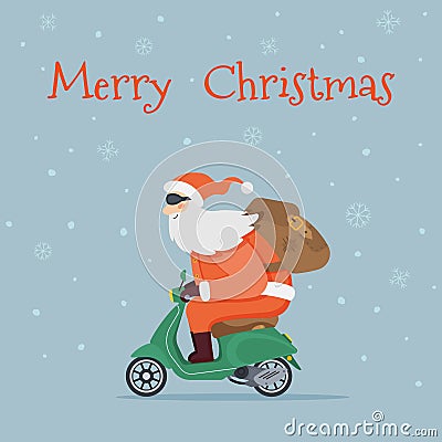 Cartoon Santa Claus rides vintage green scooter Vector Illustration