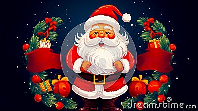 Cartoon santa claus standing in front of christmas wreath with presents around him. Generative AI Stock Photo