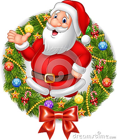 Cartoon santa claus waving hand with Christmas wreath Vector Illustration