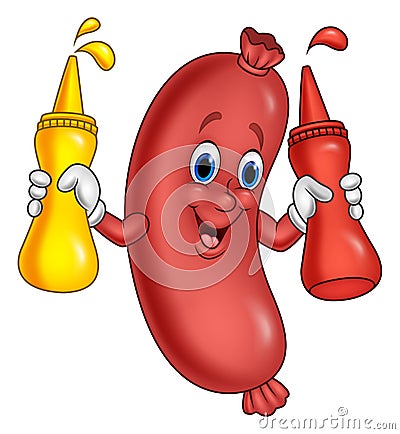 Cartoon sausage with mustard sauce and ketchup squeeze bottles Vector Illustration