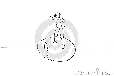 Cartoon of saw cutting floor make business woman panic concept of business crisis. Single line art style Vector Illustration