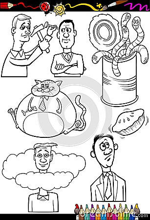 Cartoon sayings set for coloring book Vector Illustration