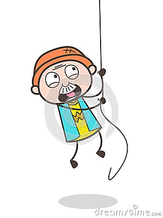 Cartoon Scared Grandpa Trying to Climb Rope Vector Illustration Stock Photo