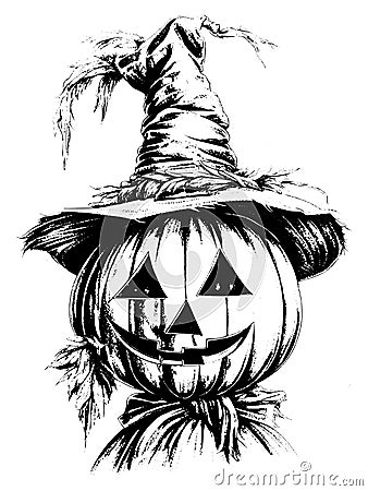 Cartoon scary scarecrow made of pumpkin on white background, sketch vector Vector Illustration