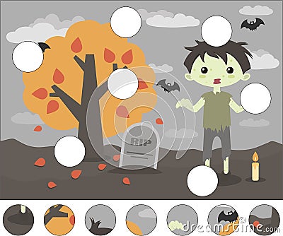 Cartoon scary zombie and gravestone. Complete the puzzle and find the missing parts of the picture. Game for kids Vector Illustration