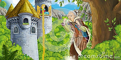 Cartoon scene with angry witch and beautiful young girl in the castle tower Cartoon Illustration