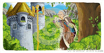 Cartoon scene with angry witch and beautiful young girl in the castle tower Cartoon Illustration