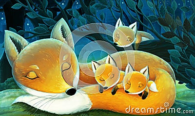 Cartoon scene with animals family of foxes sleeping in the forest illustration for children Cartoon Illustration
