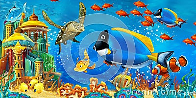Cartoon scene animals swimming on colorful and bright coral reef - illustration Cartoon Illustration