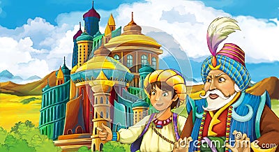 Cartoon scene with arabian king near some magnificent castle and magician Cartoon Illustration