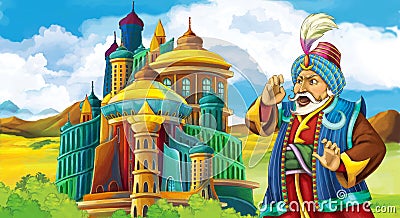 Cartoon scene with arabian king talking to some messanger or dwarf Cartoon Illustration