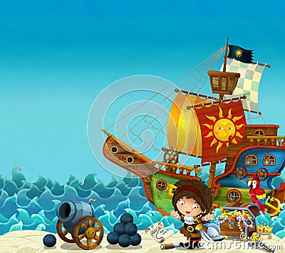 Cartoon scene of beach near the sea or ocean - pirate captain woman on the shore with cannon and treasure chest - pirate ship - Cartoon Illustration