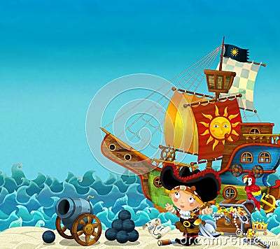 Cartoon scene of beach near the sea or ocean - pirate captain woman on the shore with cannon and treasure chest - pirate ship - Cartoon Illustration