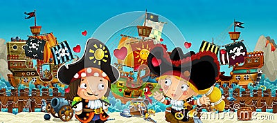 Cartoon scene of beach near the sea or ocean - pirate captains woman and man on the shore and treasure chest - loving couple Cartoon Illustration