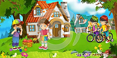 Cartoon scene with beautiful farm brick house in the forest and children on the bicycle trip - illustration Cartoon Illustration