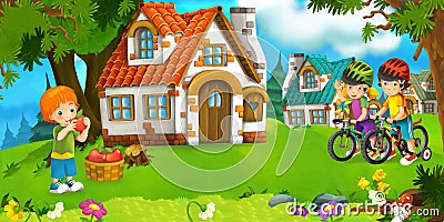 Cartoon scene with beautiful farm brick house in the forest and children on the bicycle trip - illustration Cartoon Illustration