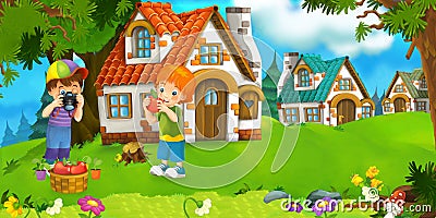 Cartoon scene with beautiful farm brick house in the forest and kid on vacations - illustration Cartoon Illustration