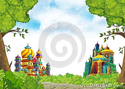 Cartoon scene with beautiful medieval castles - far east kingdom - with space for text Cartoon Illustration