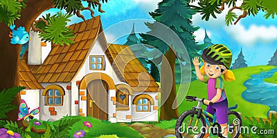 Cartoon scene with beautiful rural brick house in the forest on the meadow and girl on the bicycle trip illustration Cartoon Illustration