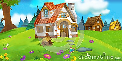 Cartoon scene with beautiful rural brick house in the forest on the meadow Cartoon Illustration