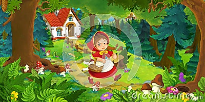 Cartoon scene with beautiful rural brick house in the forest on the meadow Cartoon Illustration