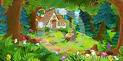 Cartoon scene with beautiful rural brick house in the forest on the meadow Cartoon Illustration