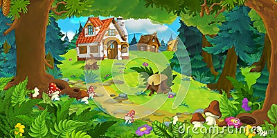 Cartoon scene with beautiful rural brick house in the forest on the meadow Cartoon Illustration