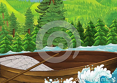 Cartoon scene of beautiful shore or beach by the ocean or sea near some forest with empty fisherman boat floating Cartoon Illustration