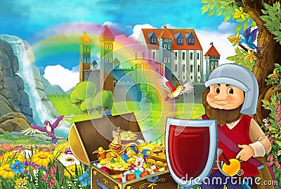 Cartoon scene with beautiful stream rainbow and palace in the background little dwarf is standing near treasure in chest Cartoon Illustration