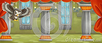 Cartoon scene castle room and flying owl illustration Cartoon Illustration