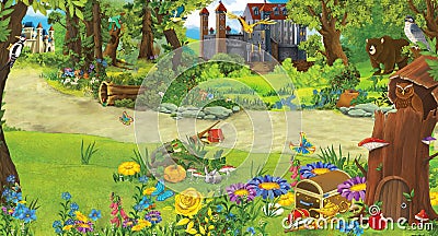 Cartoon scene with a castle and a tree house in the forest - stage for different usage - for fairy tales - book or game Cartoon Illustration