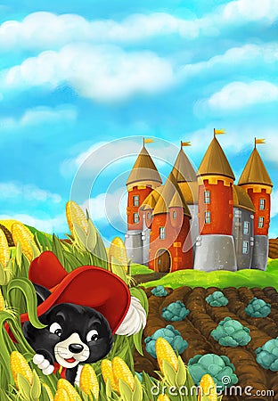 Cartoon scene with a cat in the corn field - looking around from his hiding place Cartoon Illustration