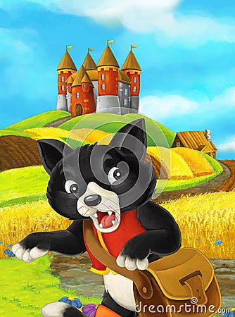 Cartoon scene of a cat traveling to a beautiful castle Cartoon Illustration
