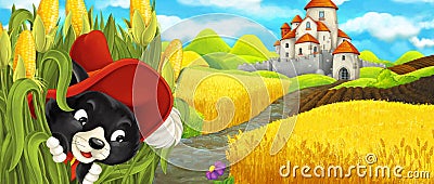 Cartoon scene - cat traveling to the castle on the hill near the farm ranch Cartoon Illustration